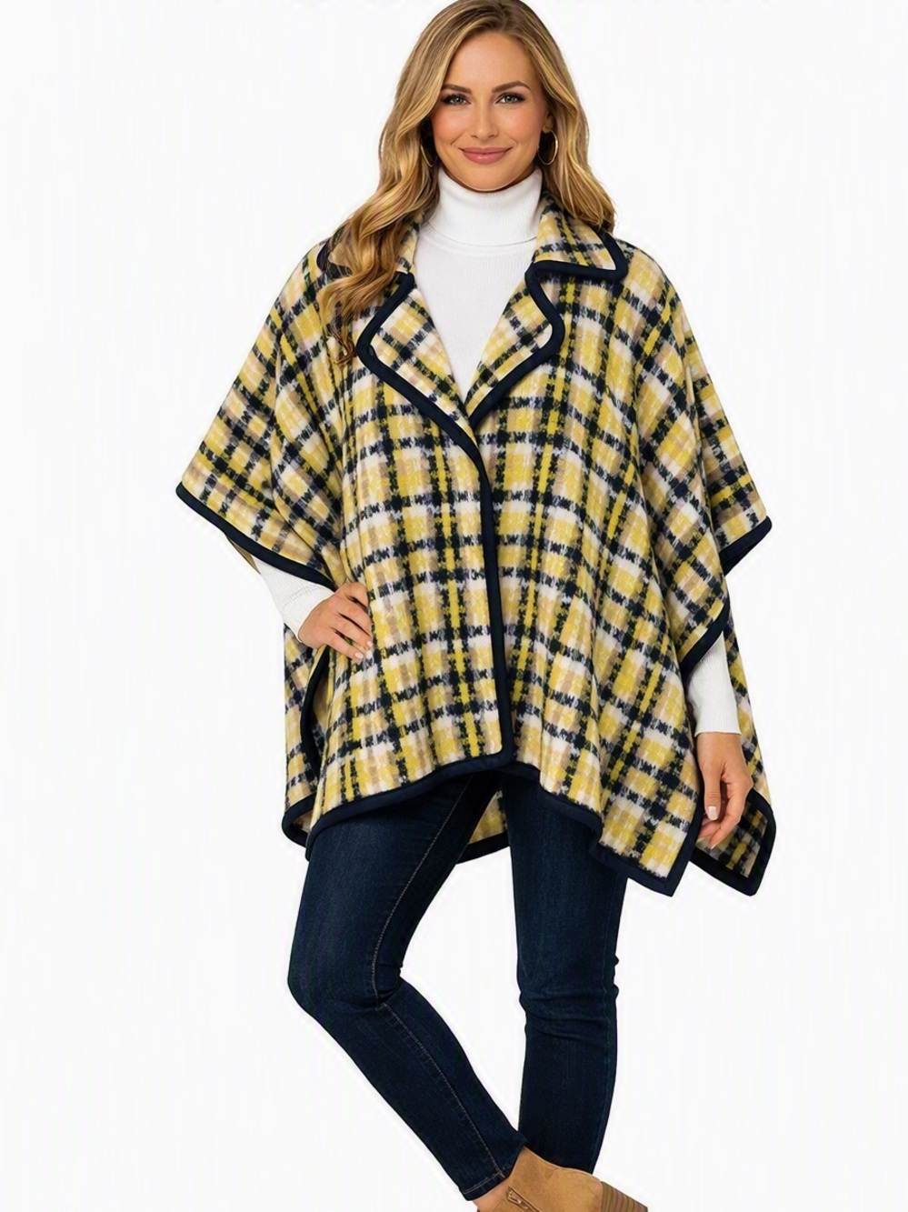 Andrew Marc New York Yellow & Navy Plaid soft knit Poncho- one size